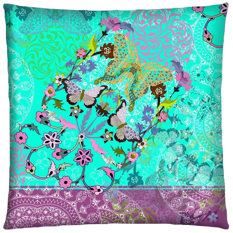 Housse de coussin 50x50 bleu turquoise imprimé papillons - Modèle Arabesque - cats&green tea